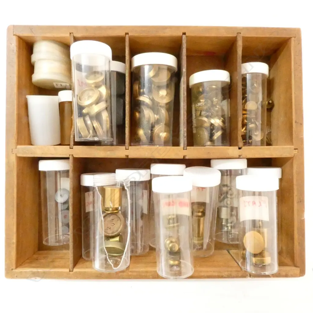 COLLECTION OF SMALL BRASS WEIGHTS, IN CONTAINERS ON TRAY Image 1++